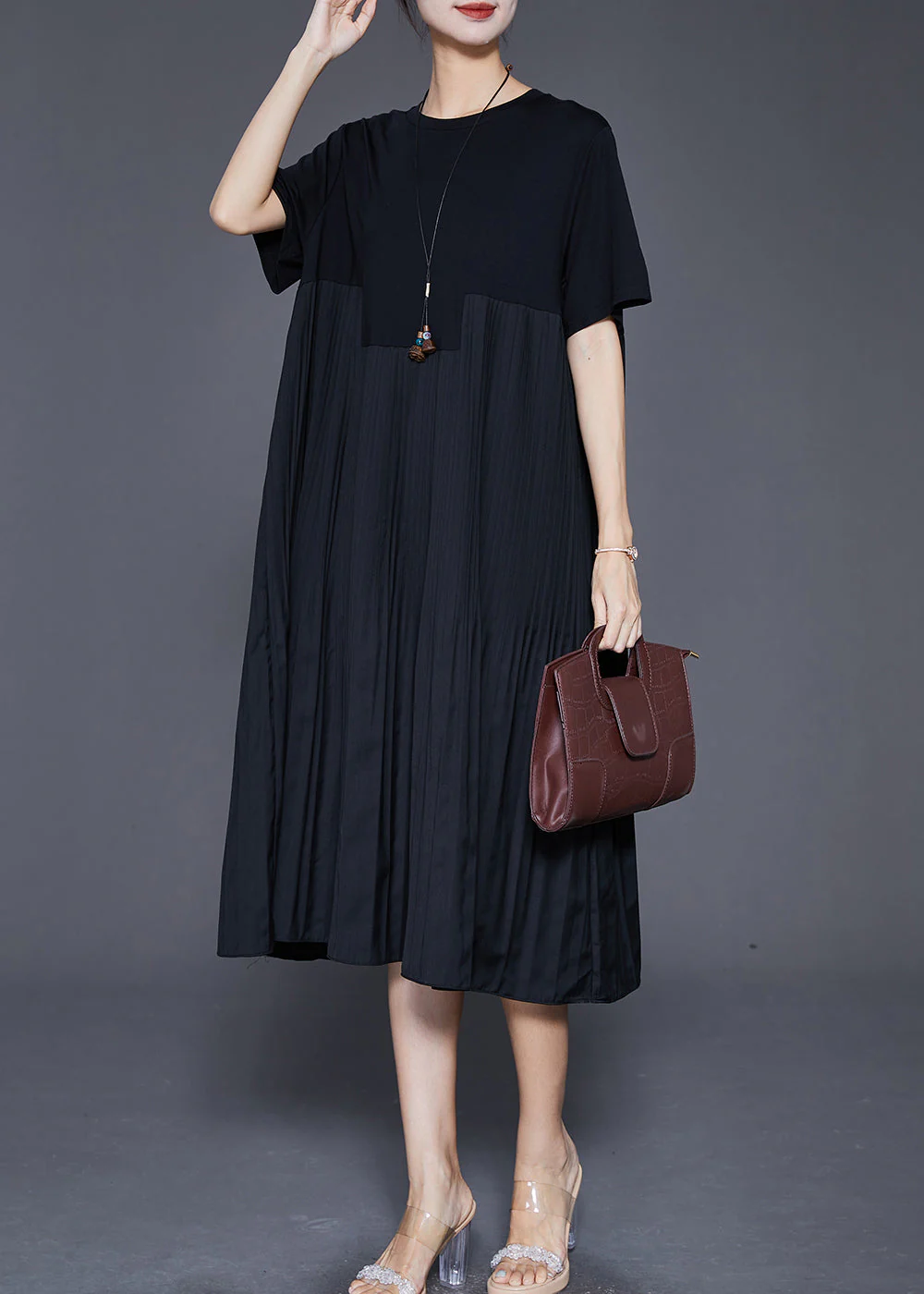 Italian Black Oversized Patchwork Wrinkled Long Dresses Summer - Image 2