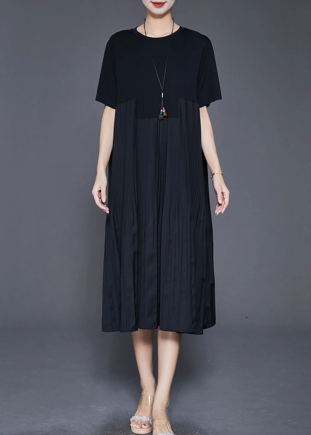 Italian Black Oversized Patchwork Wrinkled Long Dresses Summer - Image 3
