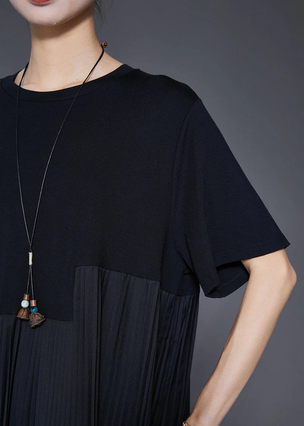 Italian Black Oversized Patchwork Wrinkled Long Dresses Summer - Image 5
