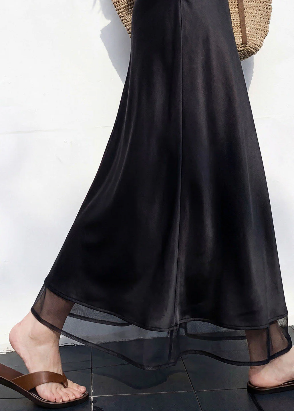 Italian Black Patchwork High Waist Silk Skirt Spring - Image 4