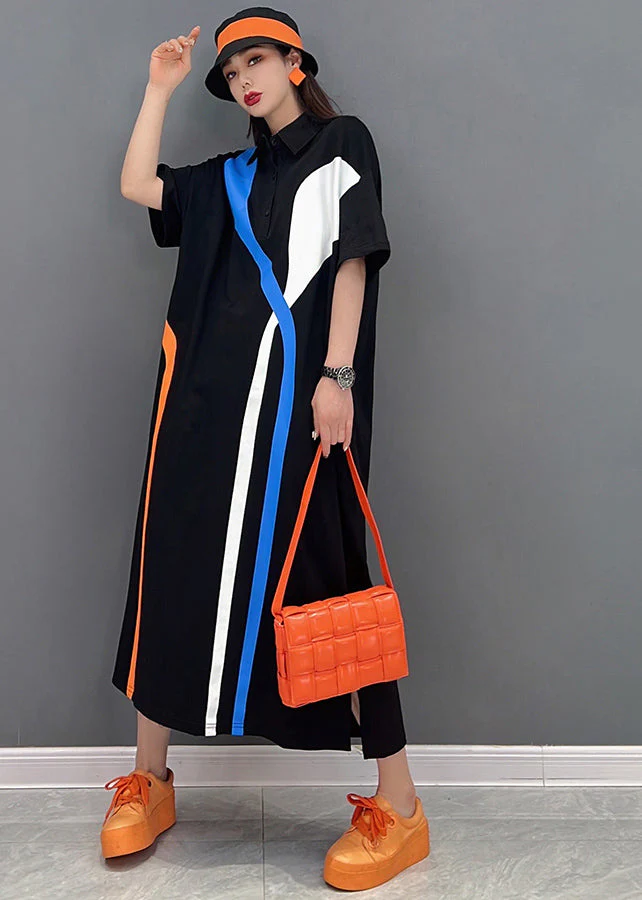 Italian Black Peter Pan Collar Oversized Print Cotton Shirt Long Dresses Short Sleeve - Image 2