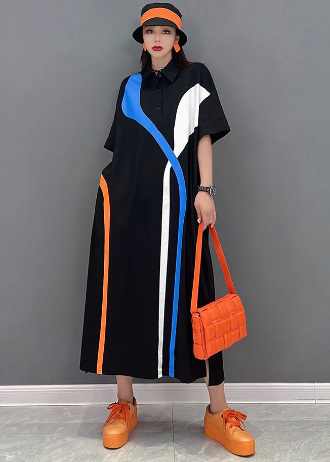 Italian Black Peter Pan Collar Oversized Print Cotton Shirt Long Dresses Short Sleeve - Image 3