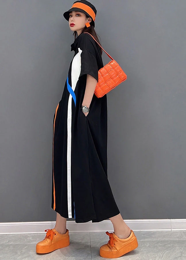 Italian Black Peter Pan Collar Oversized Print Cotton Shirt Long Dresses Short Sleeve - Image 4