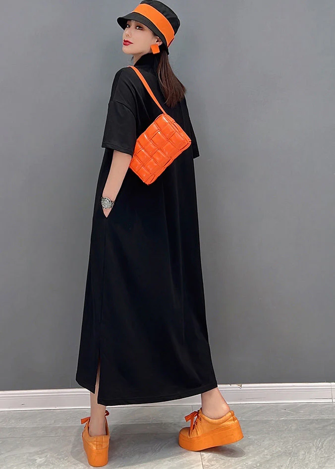 Italian Black Peter Pan Collar Oversized Print Cotton Shirt Long Dresses Short Sleeve - Image 5