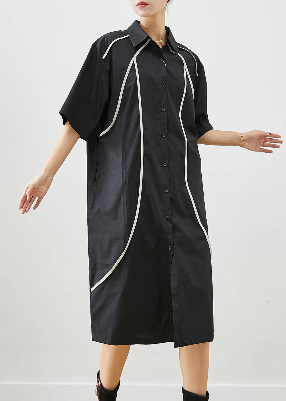 Italian Black Peter Pan Collar Patchwork Cotton Shirt Dresses Summer - Image 2
