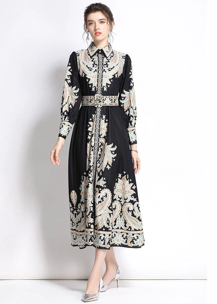 Italian Black Peter Pan Collar Print Silk Shirt Dresses Fall - Image 2
