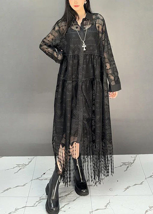 Italian Black Peter Pan Collar Tassel Hollow Out Cotton Shirts Dress Fall - Image 3
