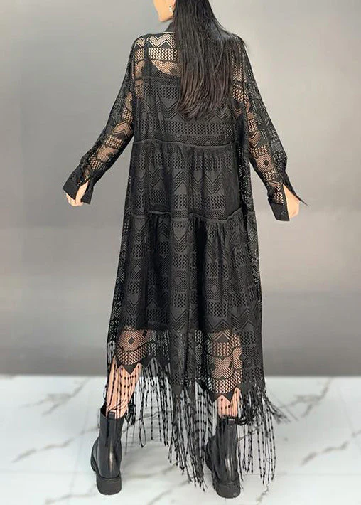 Italian Black Peter Pan Collar Tassel Hollow Out Cotton Shirts Dress Fall - Image 5
