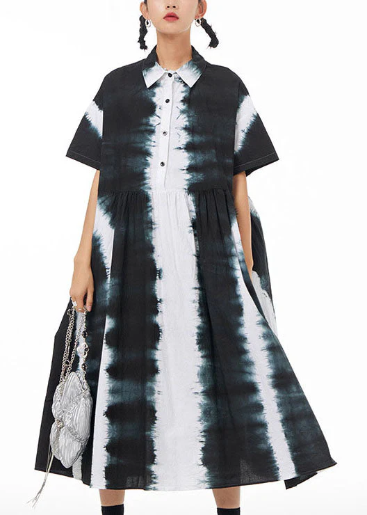 Italian Black Peter Pan Collar Wrinkled Tie Dye Patchwork Cotton Shirts Dress Summer - Image 2