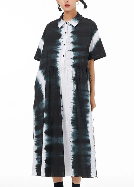 Italian Black Peter Pan Collar Wrinkled Tie Dye Patchwork Cotton Shirts Dress Summer - Image 3