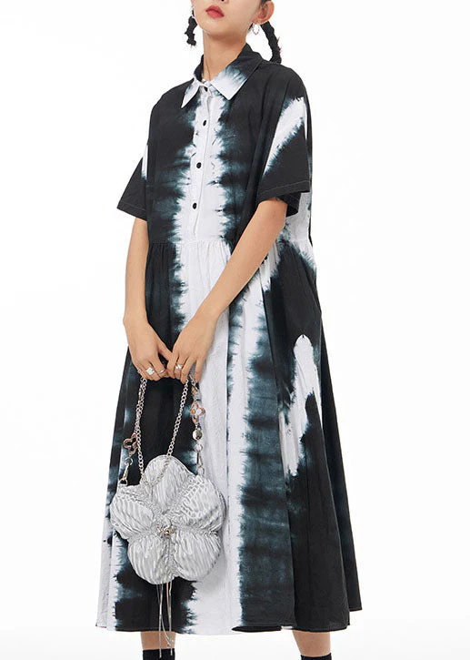 Italian Black Peter Pan Collar Wrinkled Tie Dye Patchwork Cotton Shirts Dress Summer - Image 4