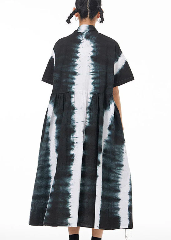 Italian Black Peter Pan Collar Wrinkled Tie Dye Patchwork Cotton Shirts Dress Summer - Image 5