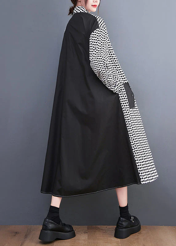 Italian Black Plaid Peter Pan Collar Drawstring Button Holiday Maxi Shirts Dress Fall - Image 5