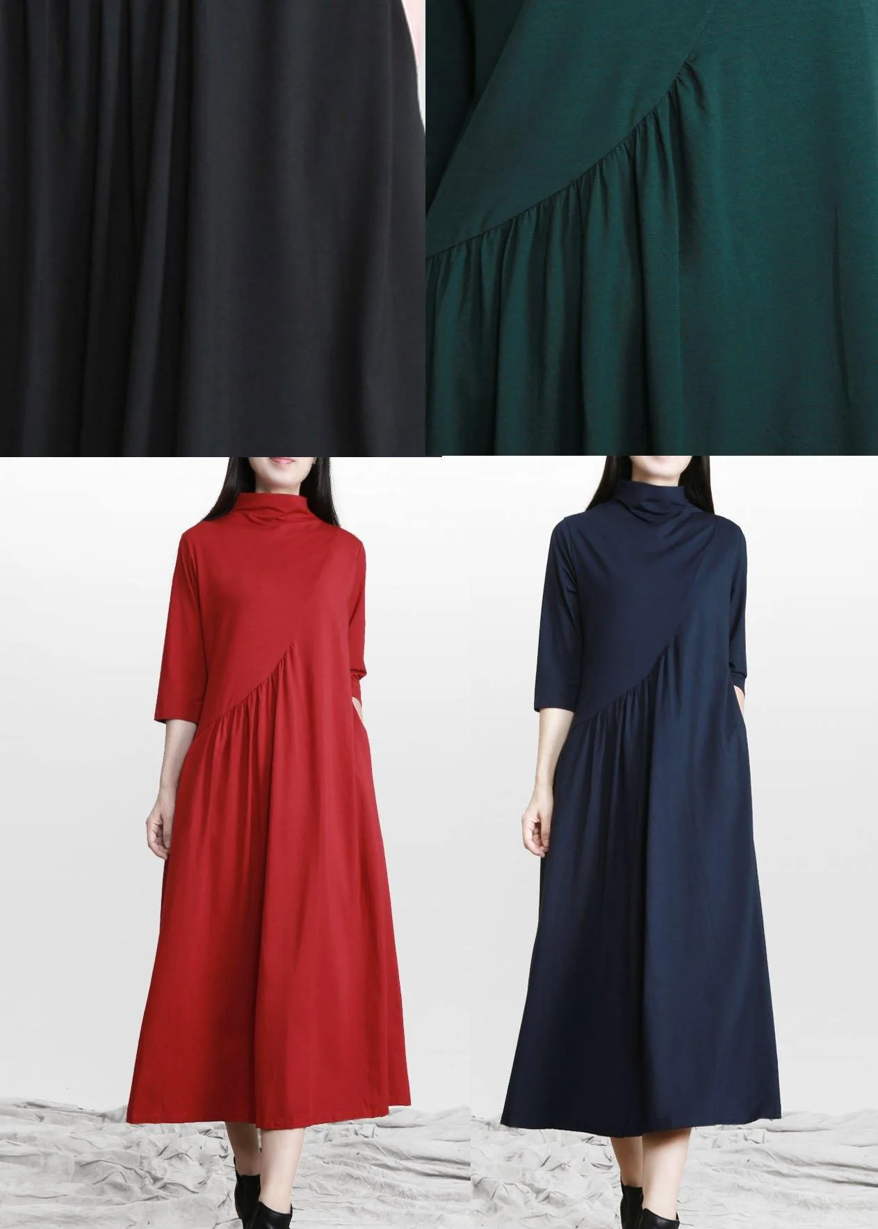 Italian Black Pockets Cotton Bracelet sleeved Fall Holiday Dress - Image 5