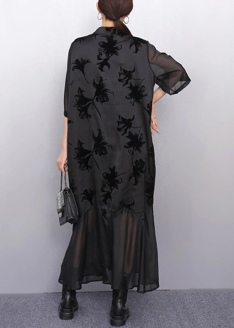Italian Black Print Tulle Patchwork Blouses Dresses Half Sleeve - Image 5