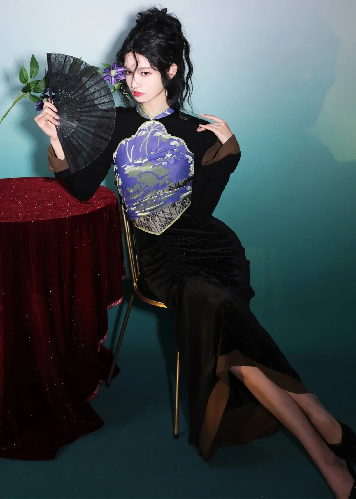 Italian Black Print Wrinkled Silk Velour Maxi Dresses Long Sleeve - Image 2