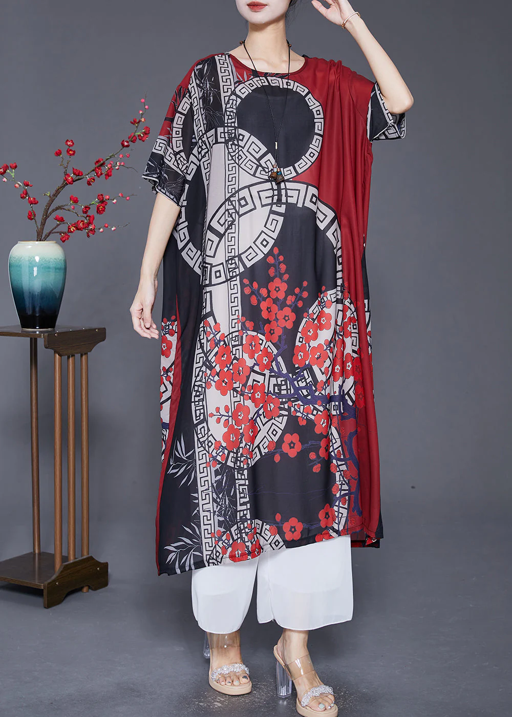 Italian Black Red Oversized Print Silk Long Dresses Summer - Image 2