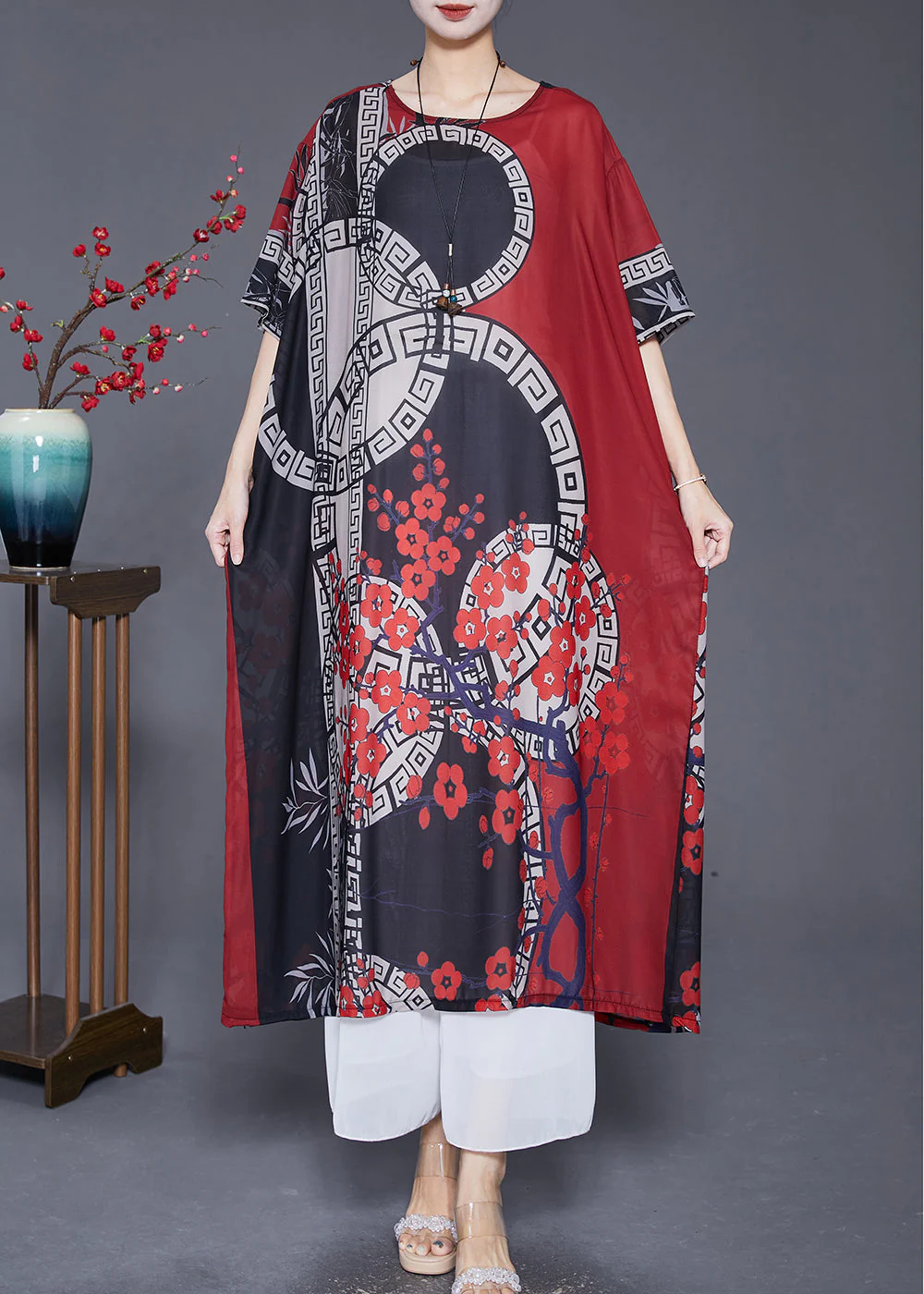 Italian Black Red Oversized Print Silk Long Dresses Summer - Image 3