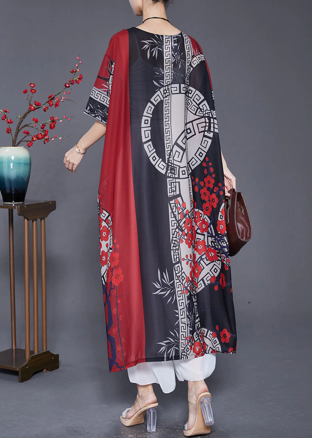 Italian Black Red Oversized Print Silk Long Dresses Summer - Image 4