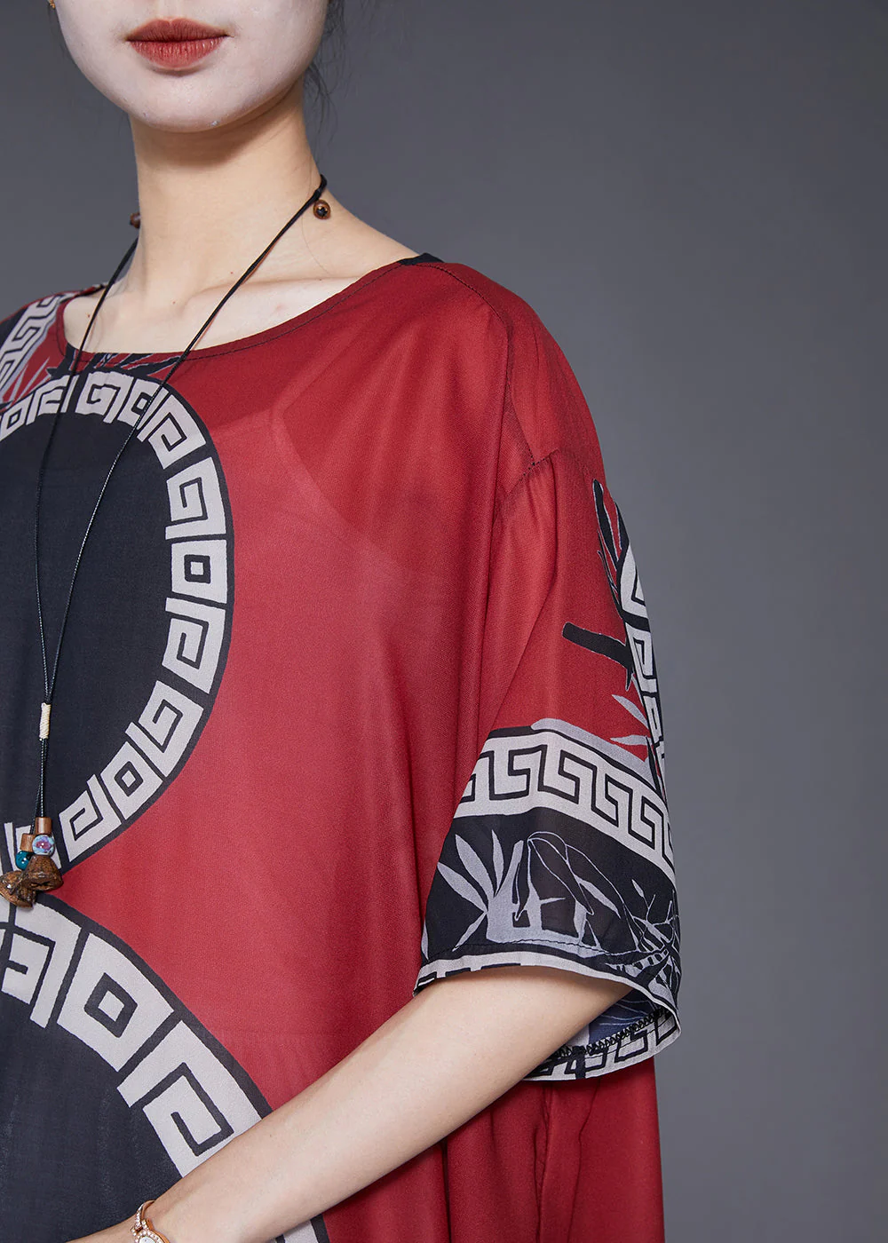 Italian Black Red Oversized Print Silk Long Dresses Summer - Image 5