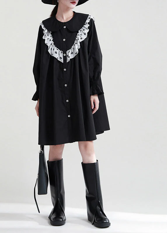 Italian Black Ruffled Patchwork Cotton Shirt Dresses Fall - Image 2