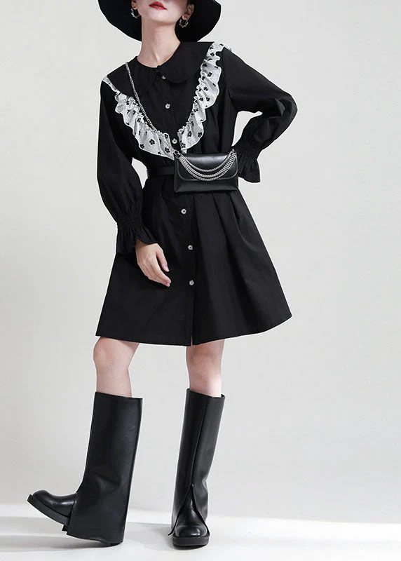 Italian Black Ruffled Patchwork Cotton Shirt Dresses Fall - Image 3