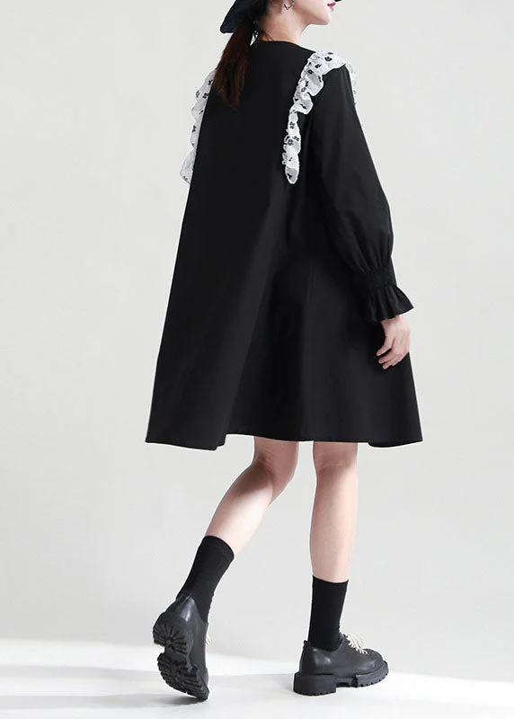 Italian Black Ruffled Patchwork Cotton Shirt Dresses Fall - Image 4