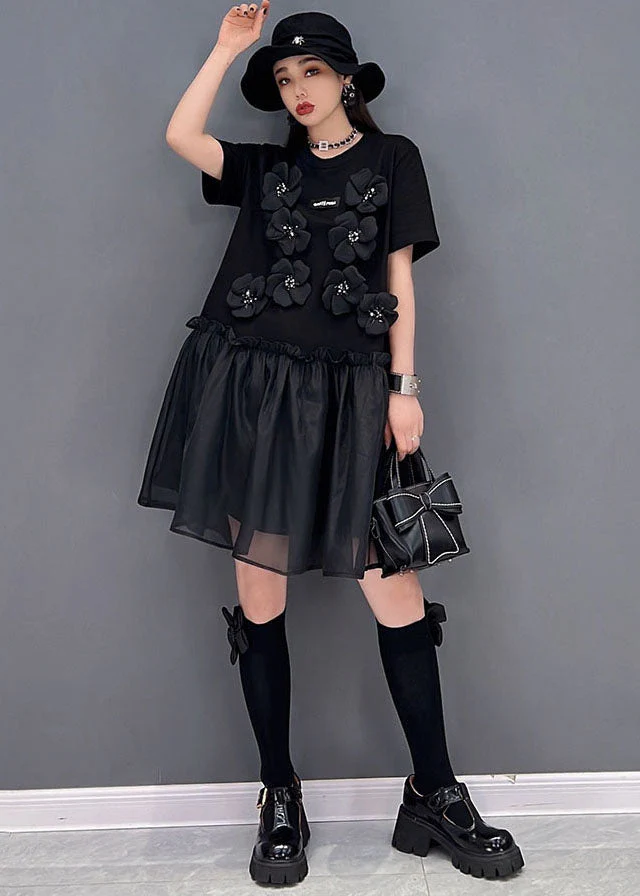 Italian Black Ruffled Tulle Patchwork Floral Cotton Mid Dress Short Sleeve - Image 2