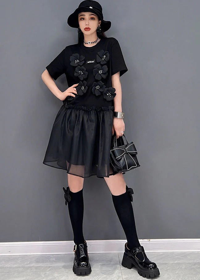 Italian Black Ruffled Tulle Patchwork Floral Cotton Mid Dress Short Sleeve - Image 3