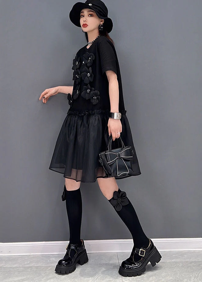 Italian Black Ruffled Tulle Patchwork Floral Cotton Mid Dress Short Sleeve - Image 4