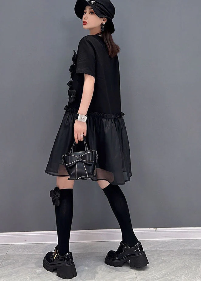 Italian Black Ruffled Tulle Patchwork Floral Cotton Mid Dress Short Sleeve - Image 5