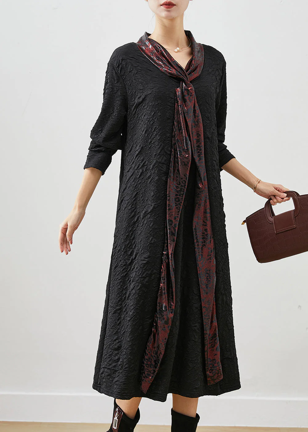 Italian Black Shawl Collar Wrinkled Cotton Dresses Fall - Image 2