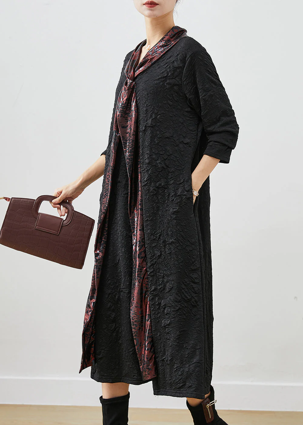 Italian Black Shawl Collar Wrinkled Cotton Dresses Fall - Image 3