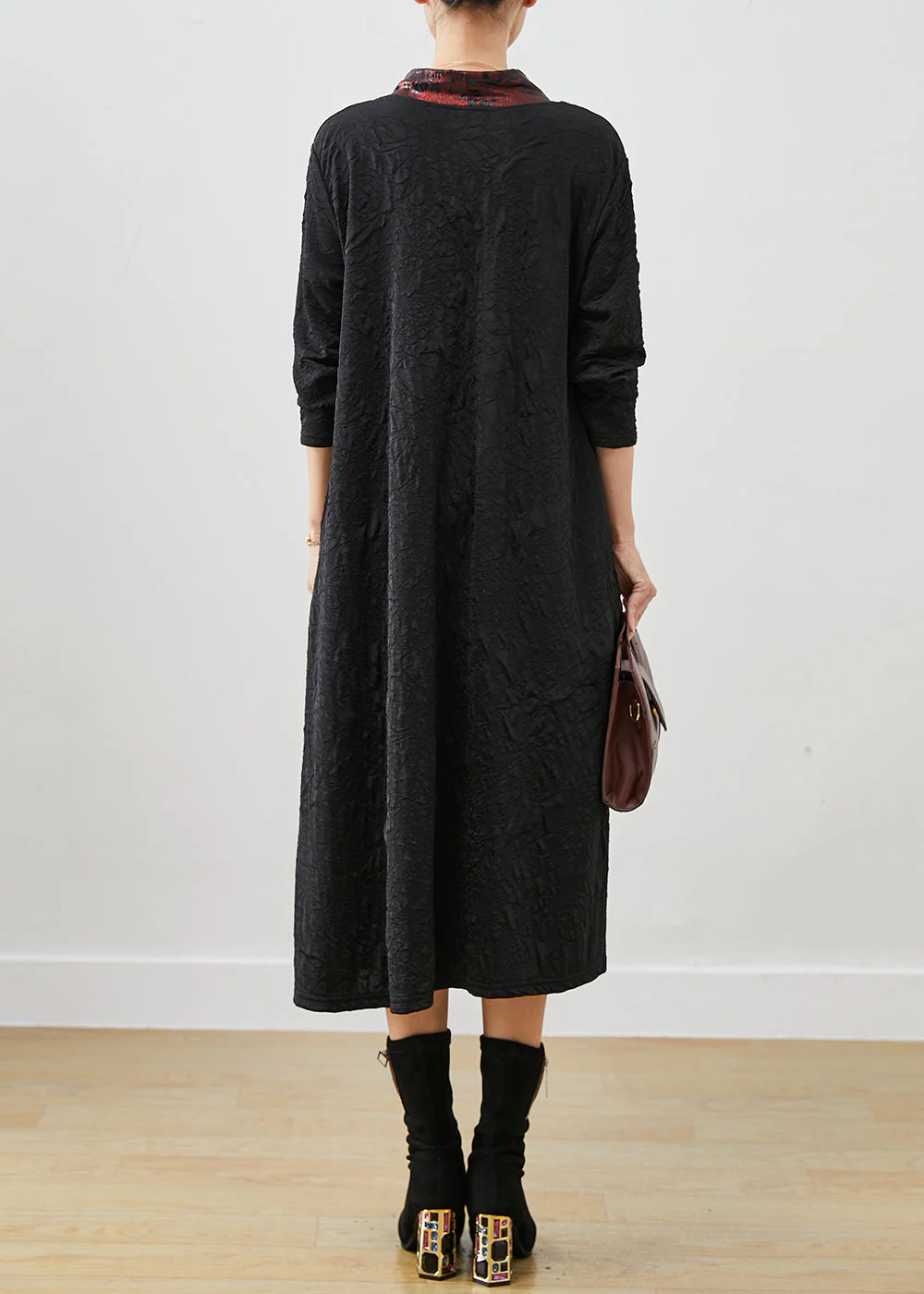 Italian Black Shawl Collar Wrinkled Cotton Dresses Fall - Image 4