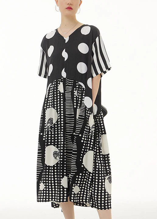 Italian Black V Neck Asymmetrical Design Print Chiffon Dress Summer - Image 2