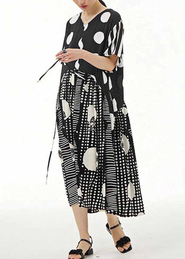 Italian Black V Neck Asymmetrical Design Print Chiffon Dress Summer - Image 3