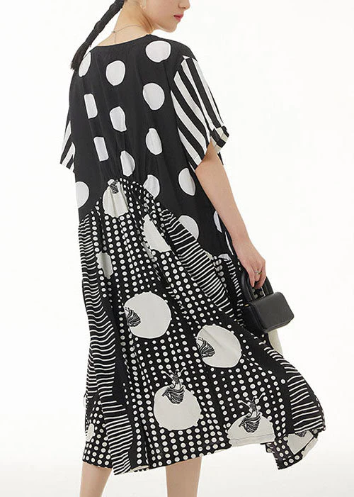 Italian Black V Neck Asymmetrical Design Print Chiffon Dress Summer - Image 4