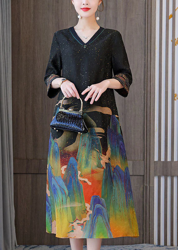 Italian Black V Neck Cinched Print Silk Holiday Dress Spring - Image 2