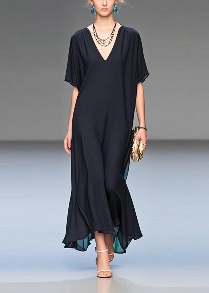 Italian Black V Neck Draping Chiffon Long Dress Summer - Image 3