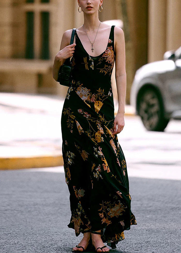 Italian Black V Neck Print Chiffon Spaghetti Strap Dress Sleeveless - Image 2