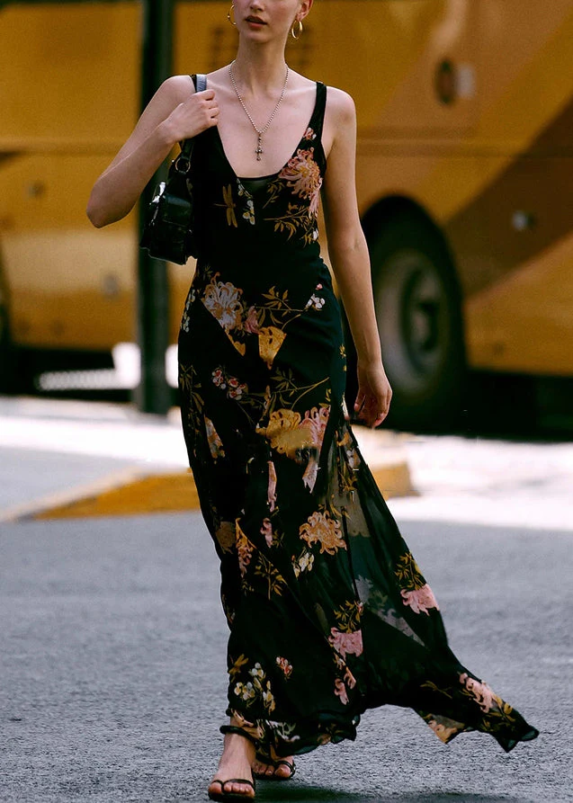Italian Black V Neck Print Chiffon Spaghetti Strap Dress Sleeveless - Image 3