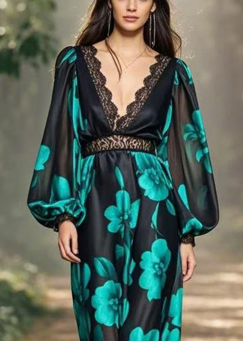 Italian Black V Neck Print High Waist Chiffon Dresses Spring - Image 2