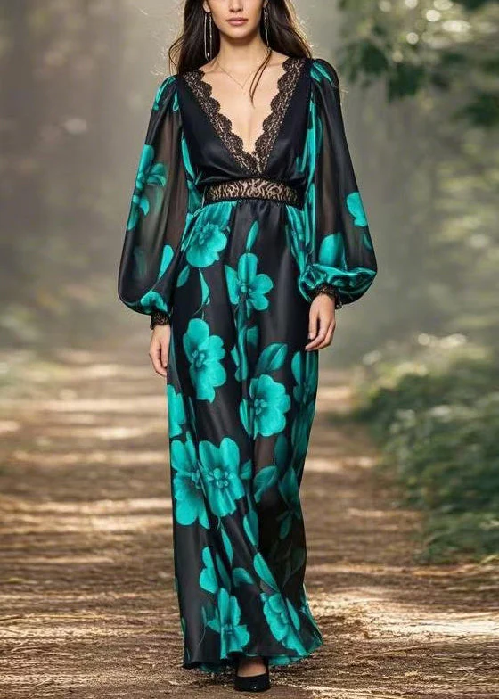 Italian Black V Neck Print High Waist Chiffon Dresses Spring - Image 3