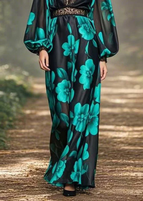 Italian Black V Neck Print High Waist Chiffon Dresses Spring - Image 4