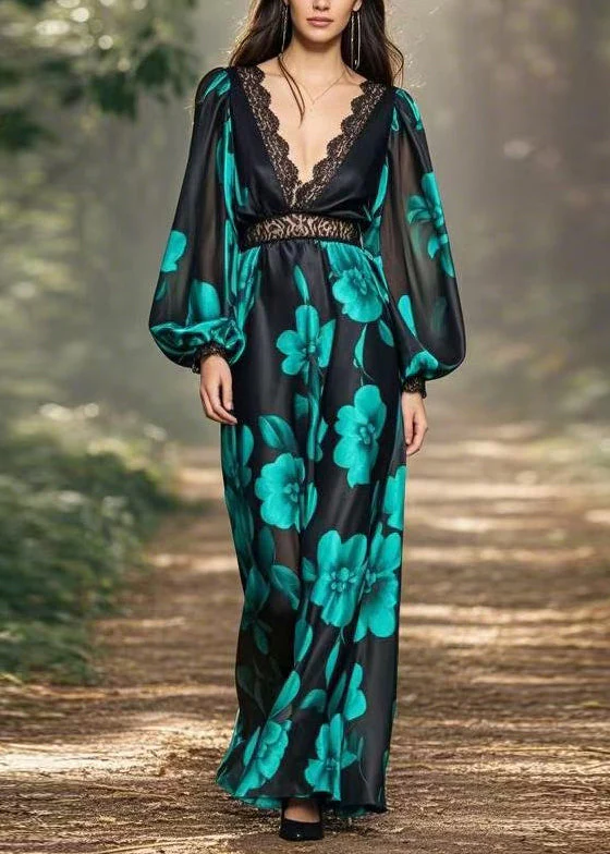 Italian Black V Neck Print High Waist Chiffon Dresses Spring - Image 5