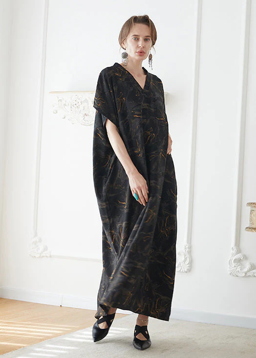 Italian Black V Neck Print Pockets Chiffon Robe Dress Summer - Image 2