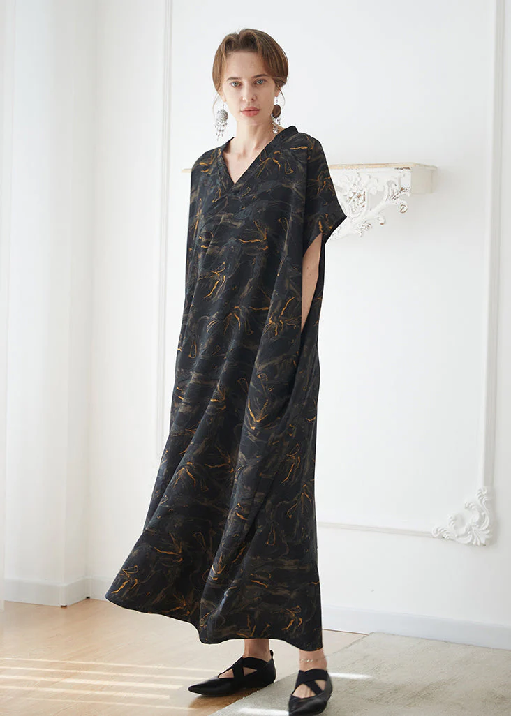 Italian Black V Neck Print Pockets Chiffon Robe Dress Summer - Image 3