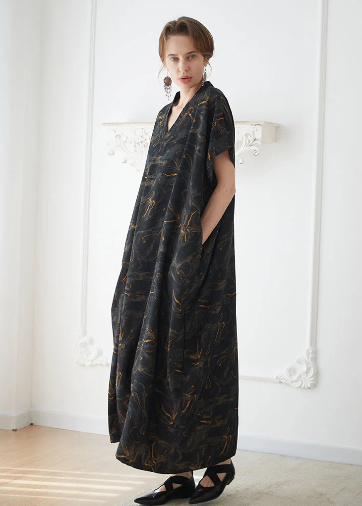 Italian Black V Neck Print Pockets Chiffon Robe Dress Summer - Image 4