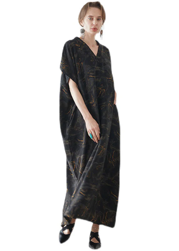 Italian Black V Neck Print Pockets Chiffon Robe Dress Summer - Image 5