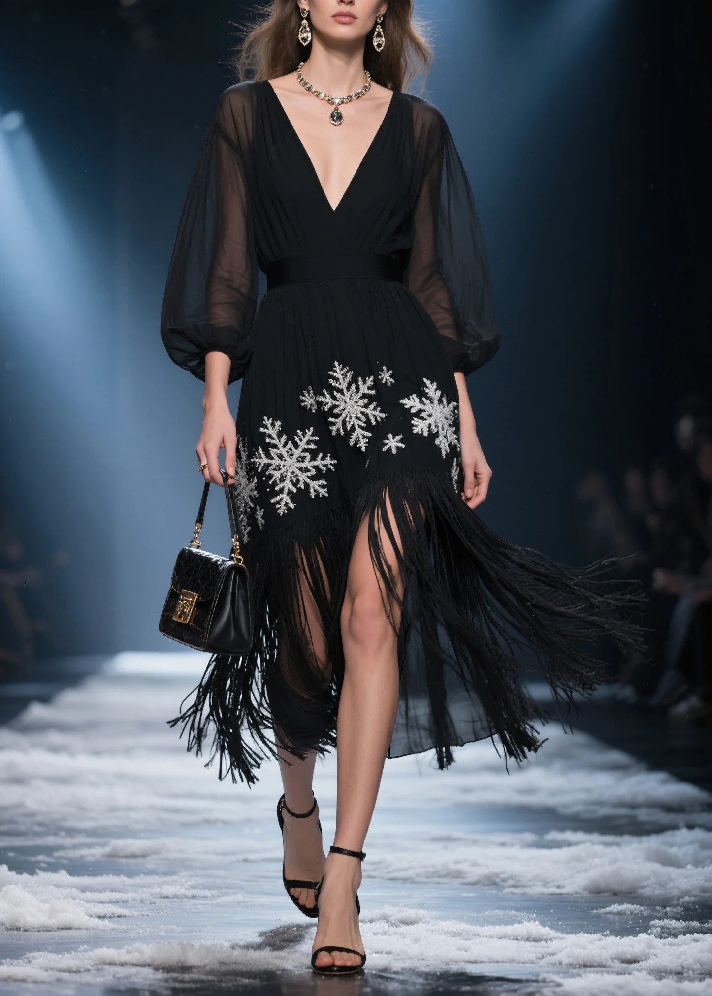 Italian Black V Neck Tassel Patchwork Chiffon Long Dress Summer - Image 3